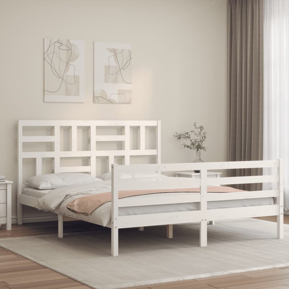 vidaXL Massivholzbett mit Kopfteil Weiß 5FT King Size