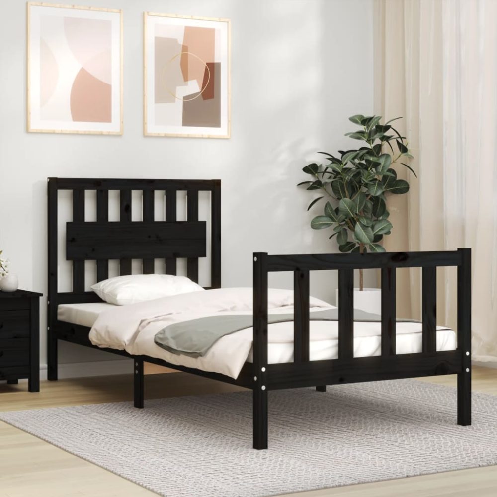 vidaXL Massivholzbett mit Kopfteil Schwarz 3FT Single