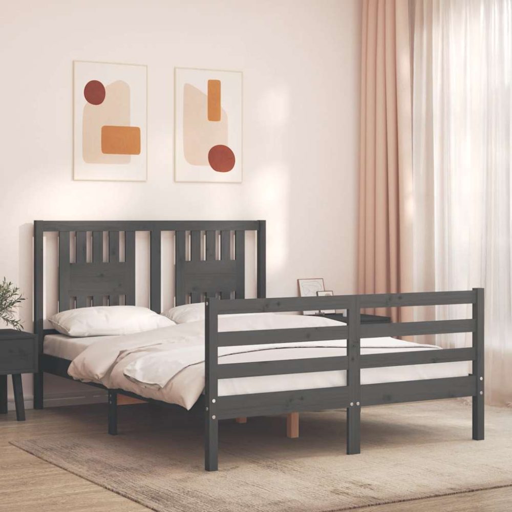 vidaXL Massivholzbett mit Kopfteil Grau 4FT6 Double