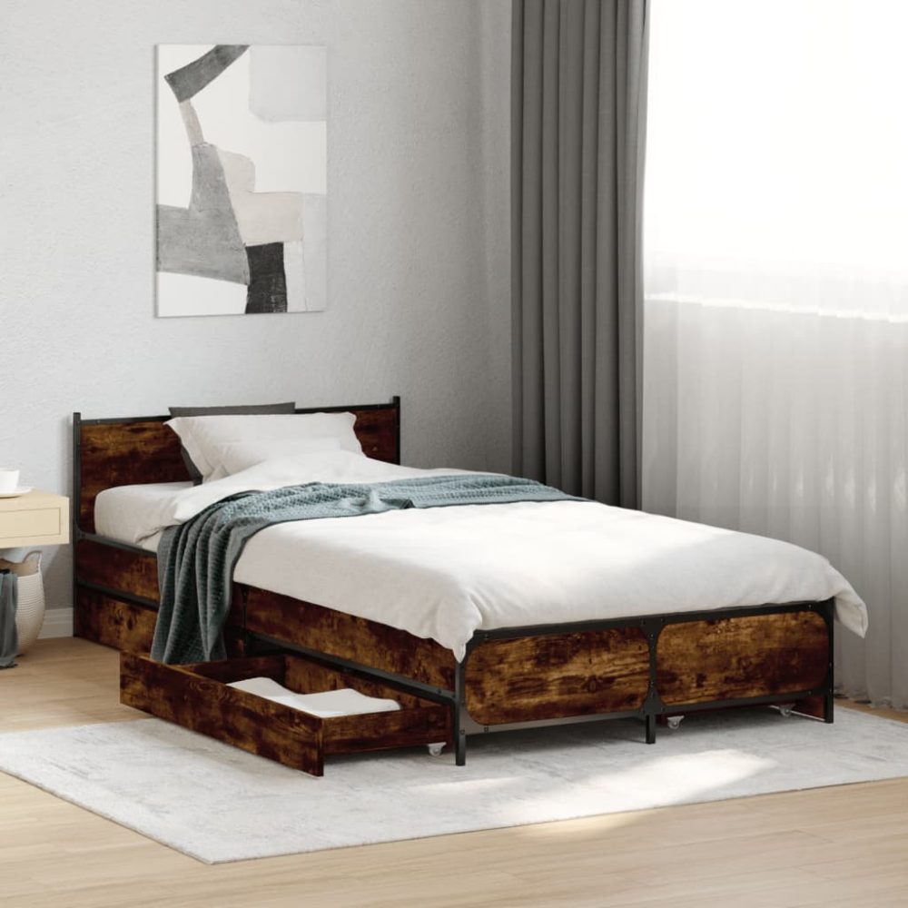 vidaXL Bettgestell mit Schubladen Räuchereiche 90x190 cm Holzwerkstoff