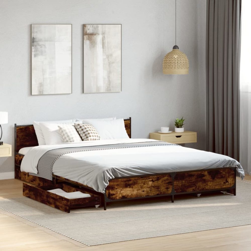 vidaXL Bettgestell mit Schubladen Räuchereiche 140x190cm Holzwerkstoff