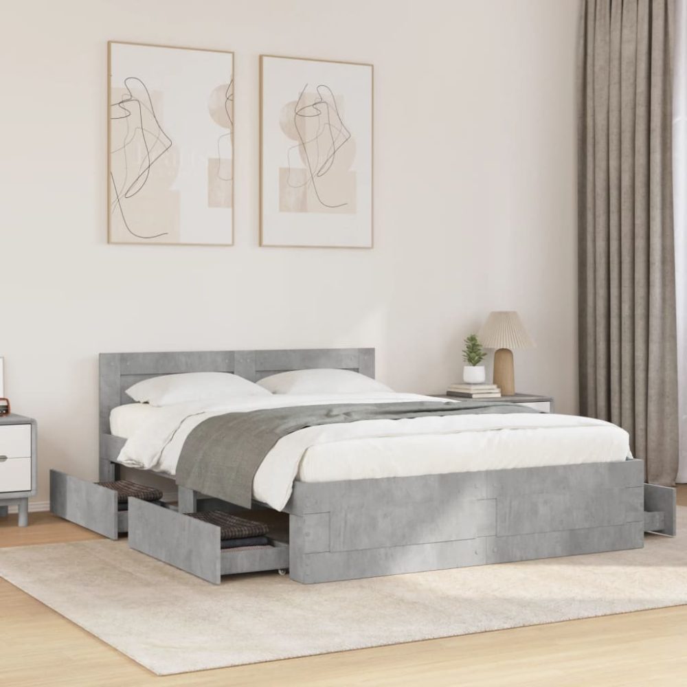 vidaXL Bettgestell mit Kopfteil Betongrau 135x190 cm Holzwerkstoff