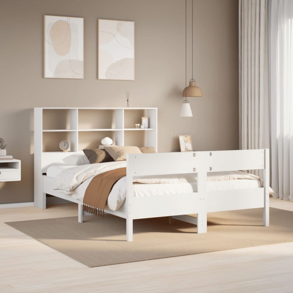 vidaXL Massivholzbett mit Regal ohne Matratze Weiß 135x190 cm Kiefer
