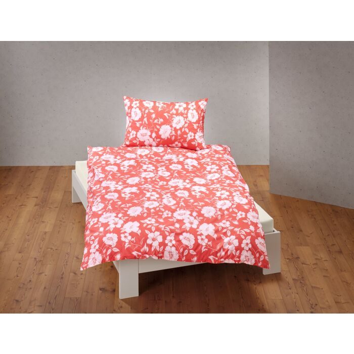 Bettwäsche mit weissem Blütenmuster auf farbigem Untergrund, orange, 2x65x65 cm / 200x210 cm