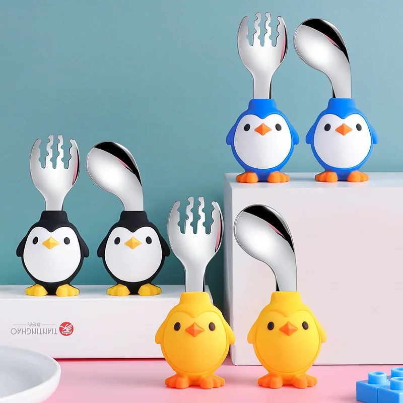 Baby Feeding Tableware Baby Meal Training Fork Spoon Complementary Food Tableware Cartoon Penguin Stainless Steel Fork Spoon