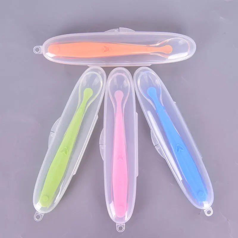 1pc Food Grade Silicone Cute Baby Feeding Tableware Non-Slip Baby Trainning Spoon with Storage Box kids spoon