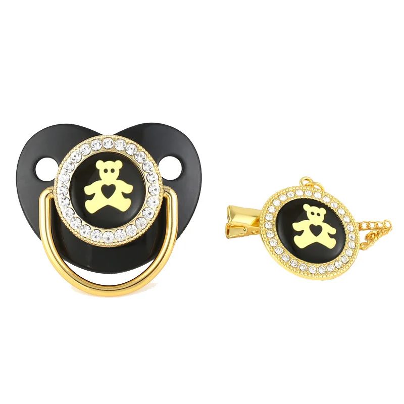 Little BearLuxury Crystals Diamond Gold Baby Pacifier Baby Dummy Orthodontic Bling Pacifier Chain Kid Nipple Soother Holder Clip