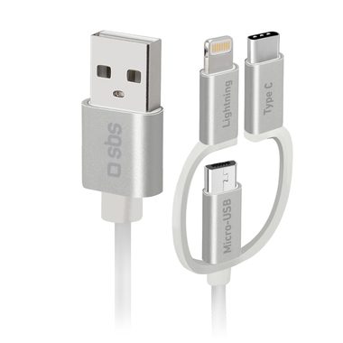 SBS Ladekabel 3in1 mit USB-Anschluss, Micro-USB, Lightning und Typ C, 120 cm