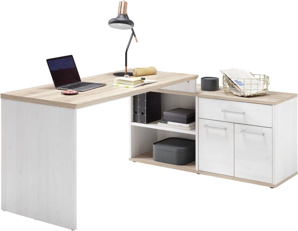 MID.YOU Eckschreibtisch 177/130/76 cm in weiss, eichefarben , Romance , Kunststoff , 130x76 cm , Dekorfolie,Nachbildung , 000887032304