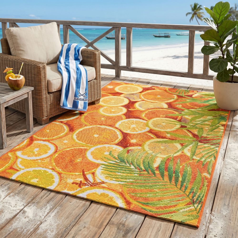Sansibar Teppich »Rantum Beach 001«, rechteckig, 5 mm Höhe, Flachgewebe, modernes Sommer Design, Motiv Orangenscheiben und Palmenblätter, In- & Outdoor geeignet, Wohnzimmer