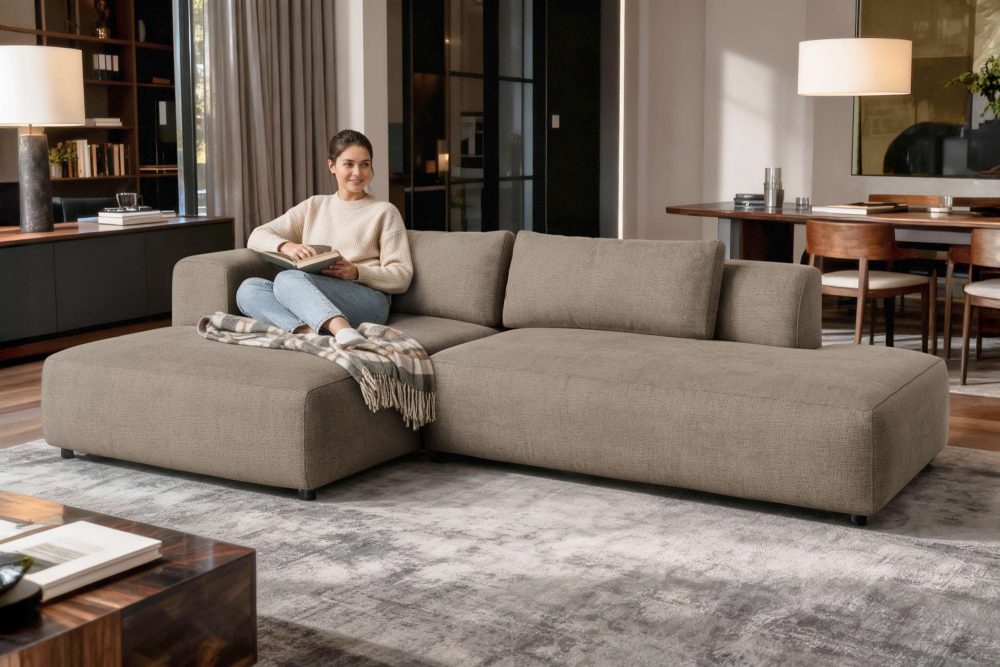 GOODproduct Ecksofa »TIARRA Design-Sofa mit Ottomane recht/links bestellbar, Breite 287 cm« L-Form mit hochelastischer Schaum und Wellenunterfederung
