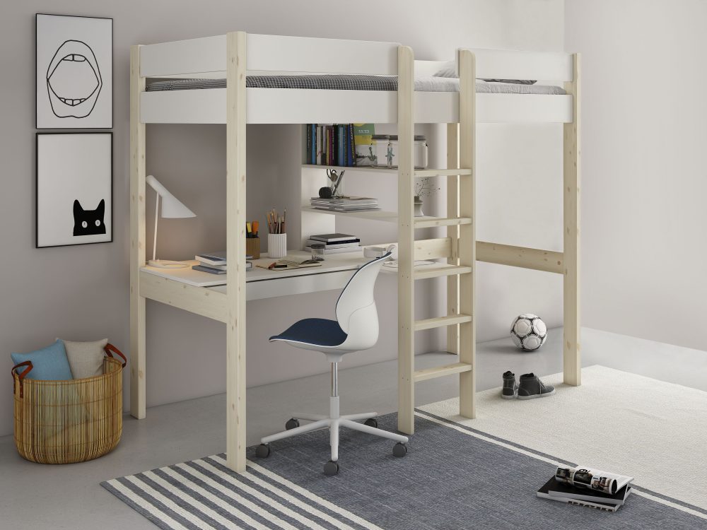 Lüttenhütt Hochbett »Robin«, Liegefläche 90/200 cm, Rollrost, mit Arbeitsplatte und Regalen