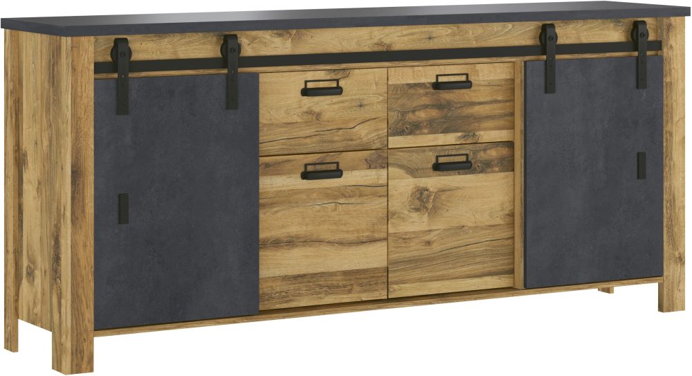 Home affaire Sideboard »York, moderner Schrank, Kommode in Hunton Oak Dekor, Industrialdesign«, mit Scheunentorbeschlägen & Apothekergriffen aus Metall, 201 cm breit