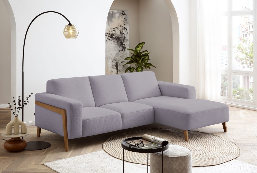 exxpo - sofa fashion Ecksofa »Starr Scandic Design, tolle Verarbeitung, bequem, Sichtholz am Armteil«, L-Form, wahlw. elektrische Sitztiefenverstellung, Massivholzfüsse