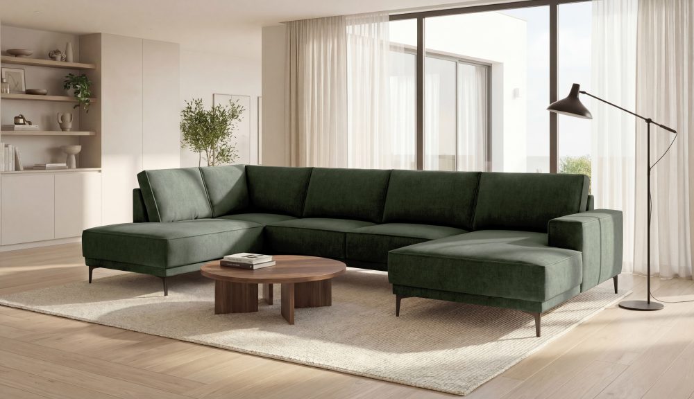 Places of Style Wohnlandschaft »XXL Sofa Oland, Struktur, Flachgewebe, Luxus-Microfaser, Boucle«, U-Form, 345 cm, Wellenunterfederung, Skandi-Design, Metallfüsse