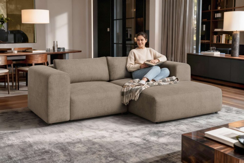 GOODproduct Ecksofa »TIARRA Design-Sofa mit Ottomane recht/links bestellbar, Breite 241 cm« L-Form mit hochelastischer Schaum und Wellenunterfederung