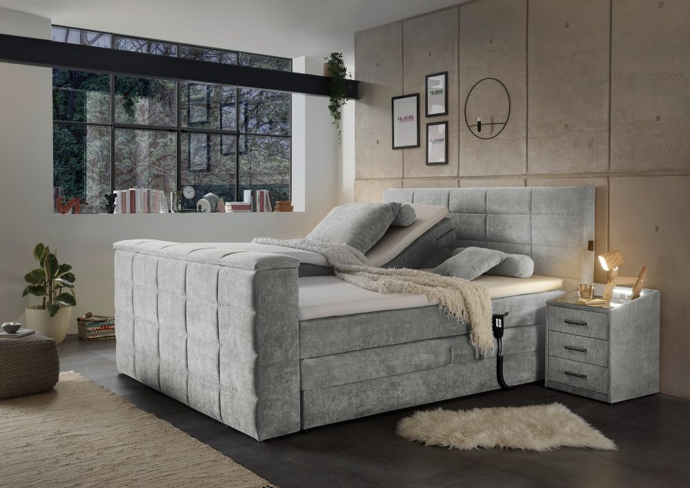 Carryhome Boxspringbett 180/200 cm in schlammfarben , Denver 6 Motor , Textil , unterschiedliche Matratzenhärtegrade je Bettseite, Wendematratze mit unterschiedlichen Härtegraden, H2+H3=mittel bis ca.80kg+fest ab ca.80kg , 180 cm , Doppeltuch,Mikro