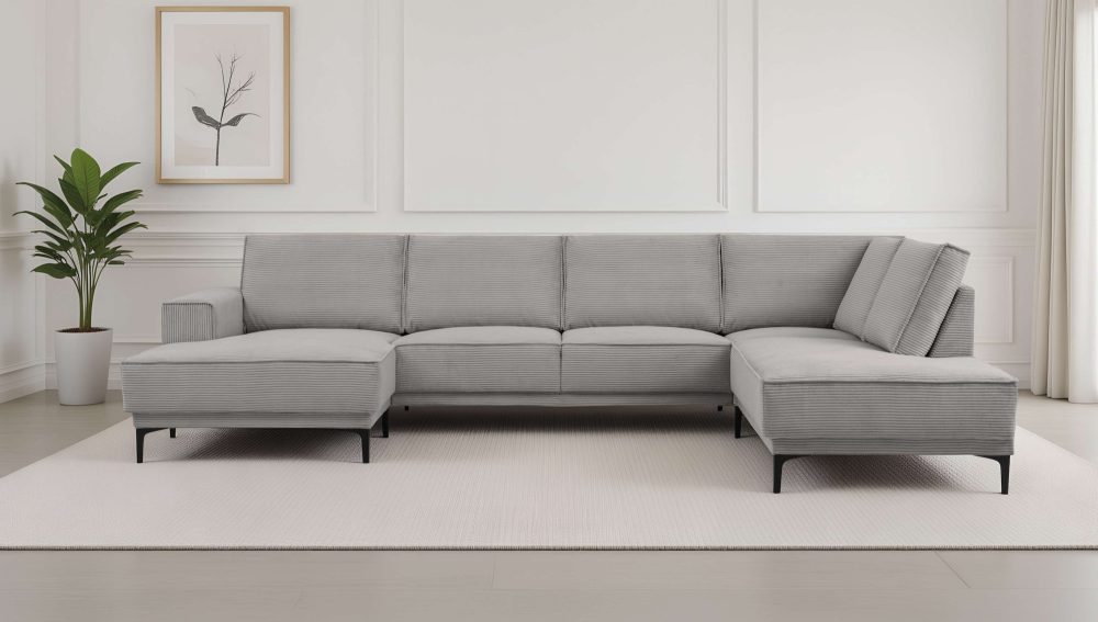 PLACES OF STYLE Wohnlandschaft »XXL Sofa Oland, Struktur, Flachgewebe, Luxus-Microfaser, Boucle« U-Form, 345 cm, Wellenunterfederung, Skandi-Design, Metallfüsse