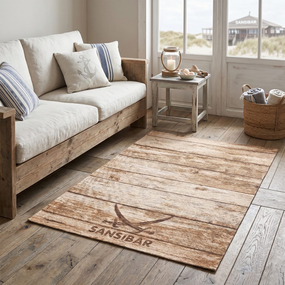 Sansibar Teppich »Keitum 009«, rechteckig, 3 mm Höhe, Flachgewebe, Motiv Holzdielen & gekreuzte Säbel, ideal im Wohnzimmer & Schlafzimmer