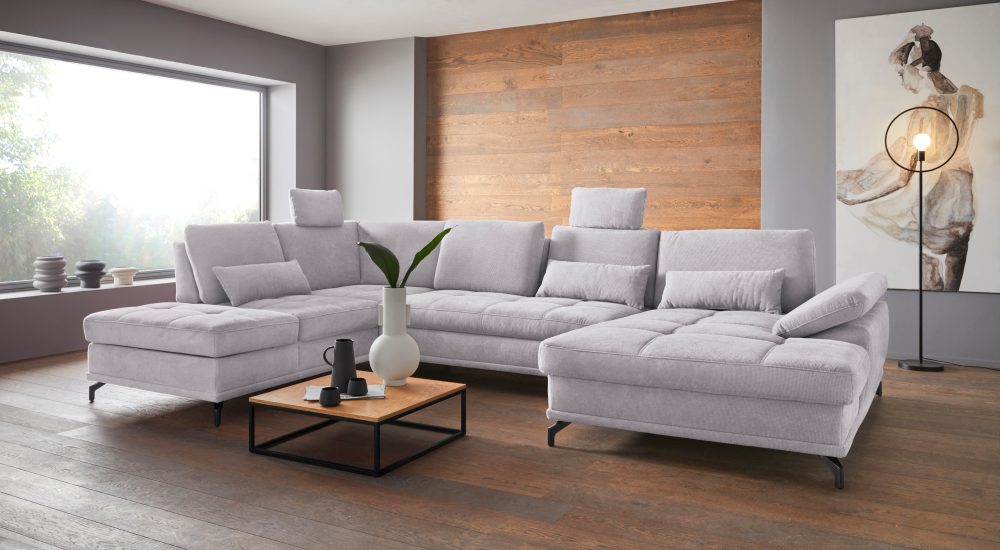 Places of Style Wohnlandschaft »Costello«, incl. Sitztiefenverstellung und Armlehnfunktion, Federkern, wahlweise mit Bettfunktion und Stauraum, 3 Nierenkissen