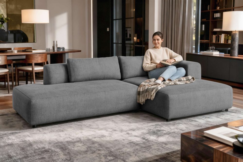 GOODproduct Ecksofa »TIARRA Design-Sofa mit Ottomane recht/links bestellbar, Breite 287 cm« L-Form mit hochelastischer Schaum und Wellenunterfederung