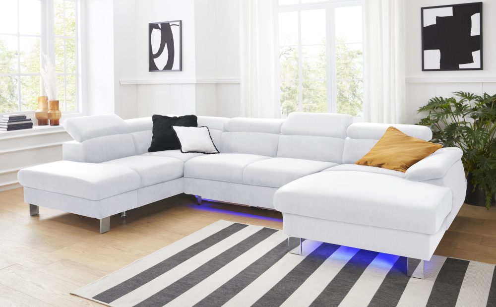 COTTA Wohnlandschaft »Komaris«, inklusive Kopfteilverstellung, wahlweise mit Bettfunktion und RGB-LED-Beleuchtung, moderner chromfarbener Fuss