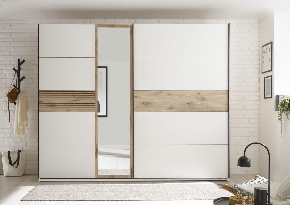 Schlafkontor Kleiderschrank »Leo Schwebetürenschrank, Schiebetürenschrank mit Spiegel«, Absetzung in Viking Oak heller Rillenoptik und Spiegel