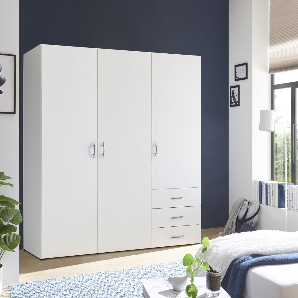 Ti'me Kleiderschrank in weiss , Harry , Kunststoff , 3 Fächer , 3 Schubladen , 150x176x51.3 cm , Melamin,Melamin,glänzend,Nachbildung,Nachbildung , 002522039502