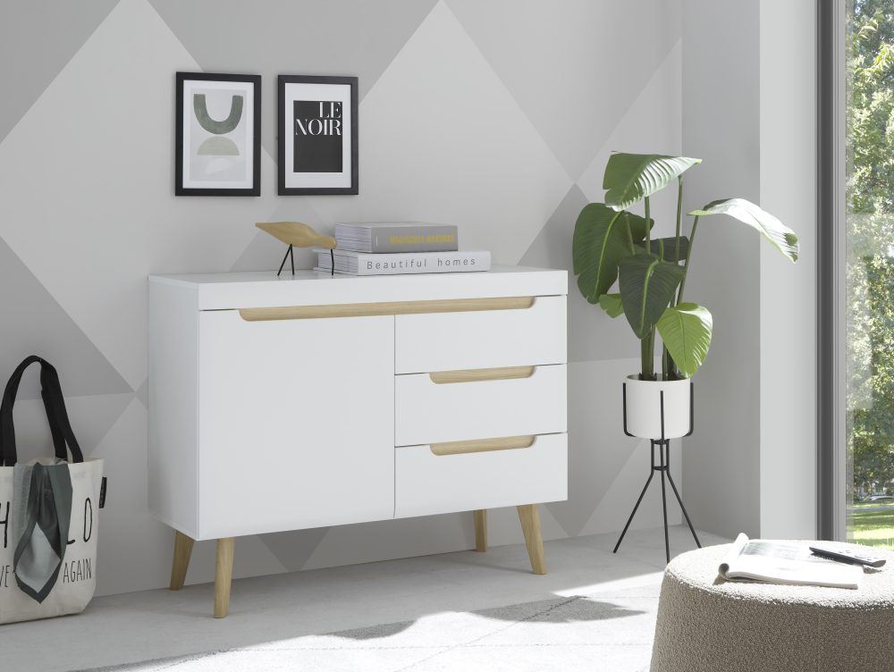 INOSIGN Sideboard »Torge, Anrichte, Kommode, Schubladenschrank«, (1 St.), abgeschrägte Füsse, drei Farben, Scandi Design, 107 cm breit