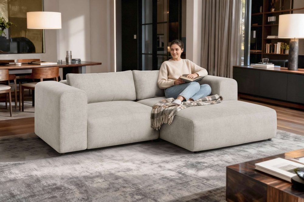 GOODproduct Ecksofa »TIARRA Design-Sofa mit Ottomane recht/links bestellbar, Breite 241 cm« L-Form mit hochelastischer Schaum und Wellenunterfederung