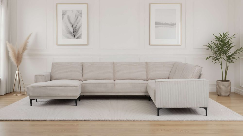 PLACES OF STYLE Wohnlandschaft »XXL Sofa Oland, Struktur, Flachgewebe, Luxus-Microfaser, Boucle« U-Form, 342 cm, Wellenunterfederung, Skandi-Design, Metallfüsse