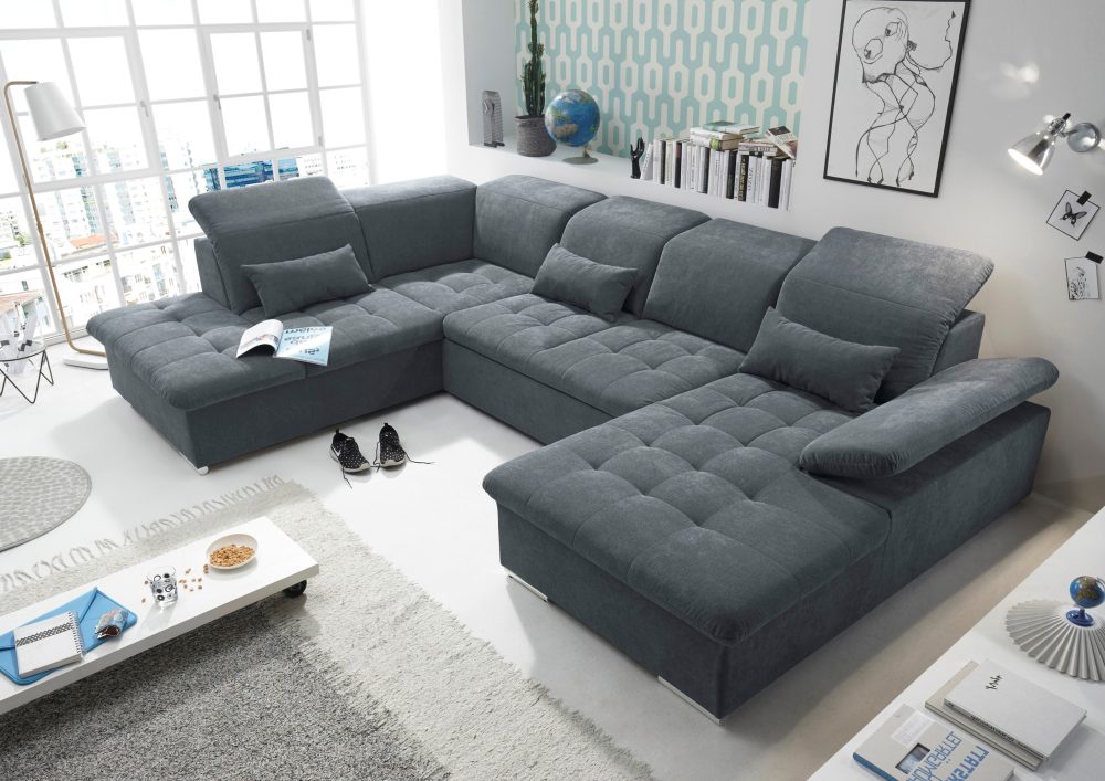 ED EXCITING DESIGN Wohnlandschaft Wayne, mit Bettfunktion, Bettkasten und Nierenkissen. 1 Armteil- und 5 Kopfteilverstellungen