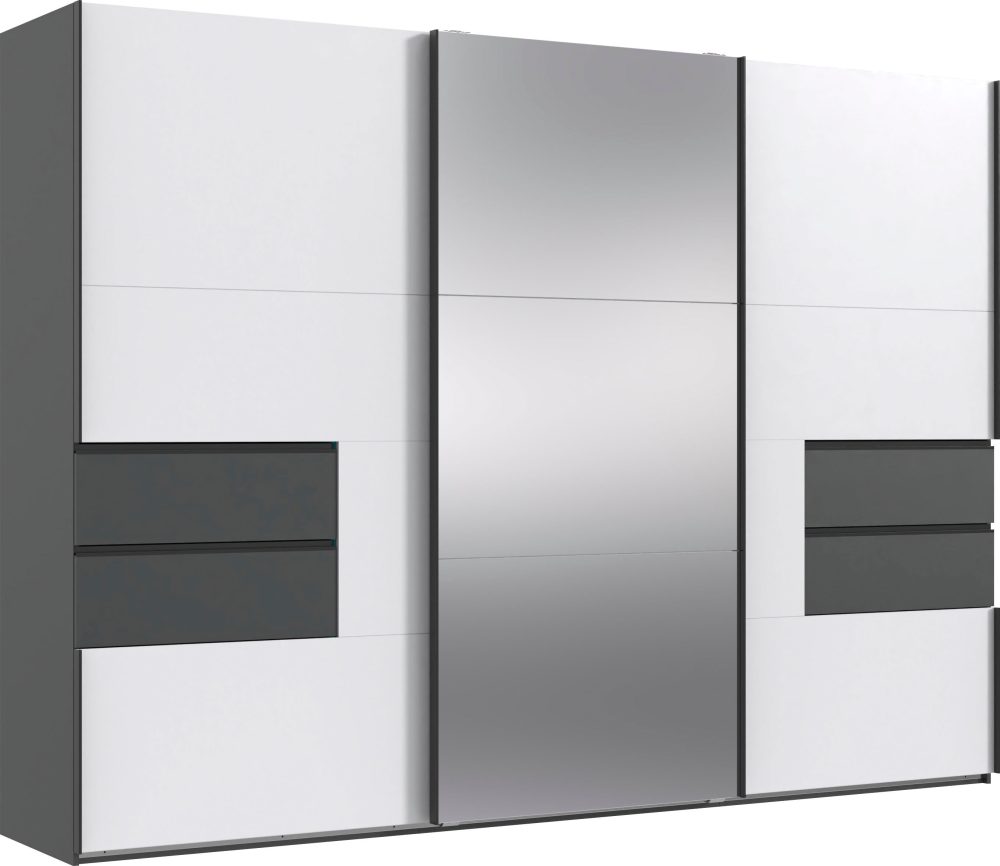 MID.YOU Schwebetürenschrank in graphitfarben, weiss , Palermo , Metall , 6 Fächer , 4 Schubladen , 300x216x65 cm , Dekorfolie,Dekorfolie,Nachbildung,Nachbildung , 001787084102