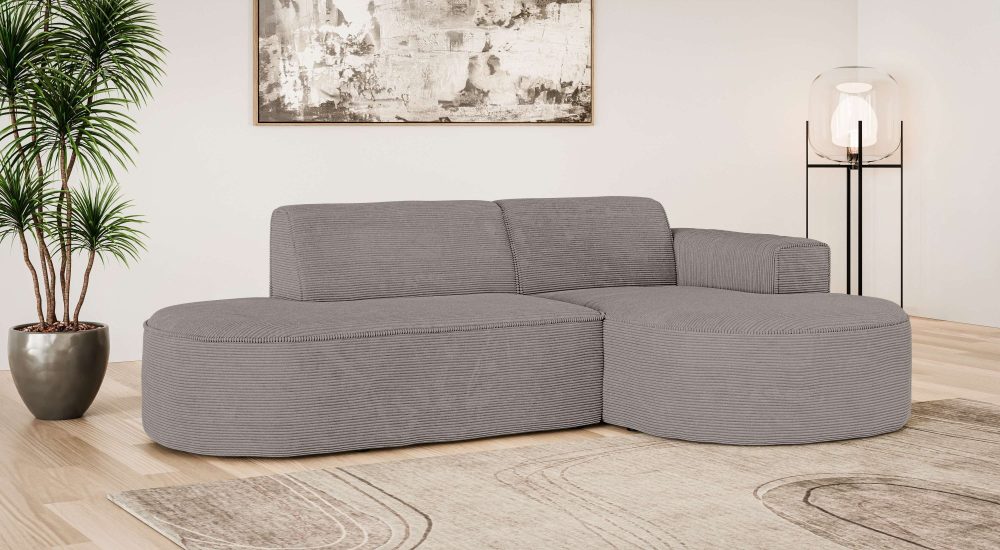 GOODproduct Ecksofa »ADELLA XL Design-Sofa mit Recamiere rechts/links, 263/159/76 cm« L-Form XL mit Wellenunterfederung, runde Form, auch in Cord