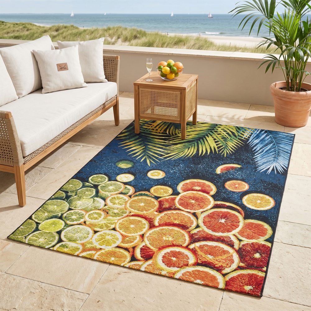 Sansibar Teppich »Rantum Beach 004«, rechteckig, 5 mm Höhe, Flachgewebe, modernes Sommer Design, Motiv Orangenscheiben und Palmenblätter, In- & Outdoor geeignet, Wohnzimmer