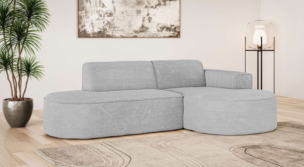 GOODproduct Ecksofa »ADELLA XL Design-Sofa mit Recamiere rechts/links, 263/159/76 cm« L-Form XL mit Wellenunterfederung, runde Form, auch in Cord