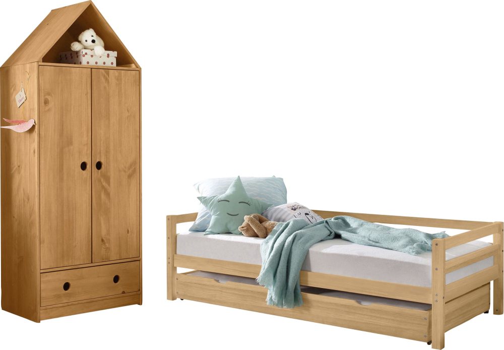 Lüttenhütt Jugendzimmer-Set »Alpi«, (Spar-Set, 2 St.), Daybed mit 2. Liegefläche + Kleiderschrank in Hausoptik, platzsparend