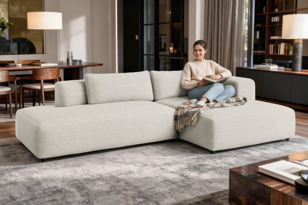 GOODproduct Ecksofa »TIARRA Design-Sofa mit Ottomane recht/links bestellbar, Breite 287 cm« L-Form mit hochelastischer Schaum und Wellenunterfederung