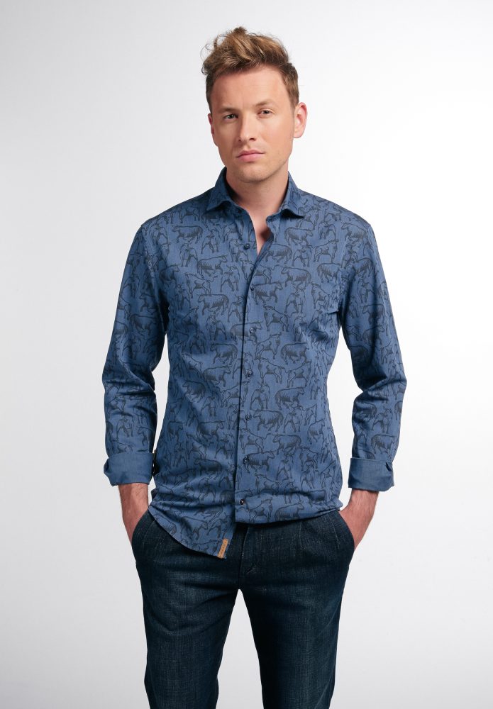 ETERNA LANGARM HEMD SLIM FIT UPCYCLING SHIRT FAKE DENIM JEANS GRAU