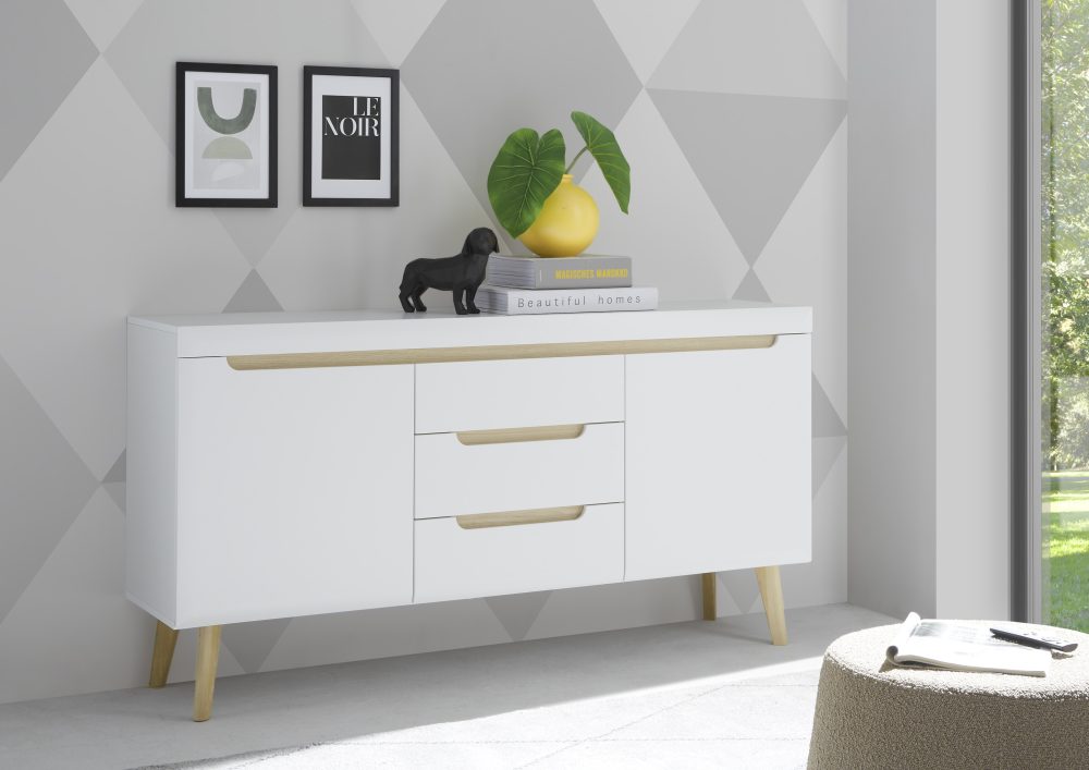 INOSIGN Sideboard »Torge, Anrichte, Kommode, Schubladenschrank«, (1 St.), abgeschrägte Füsse, drei Farben, Scandi Design, 160 cm breit