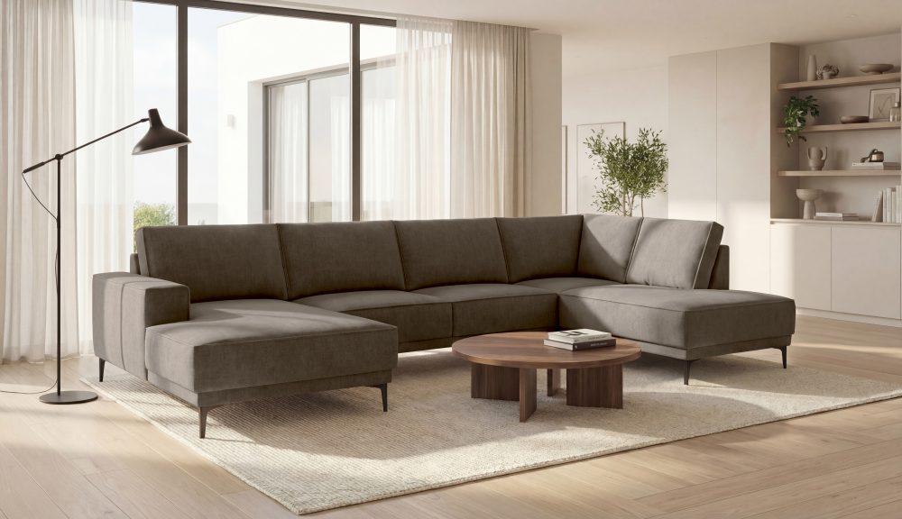 Places of Style Wohnlandschaft »XXL Sofa Oland, Struktur, Flachgewebe, Luxus-Microfaser, Boucle«, U-Form, 345 cm, Wellenunterfederung, Skandi-Design, Metallfüsse