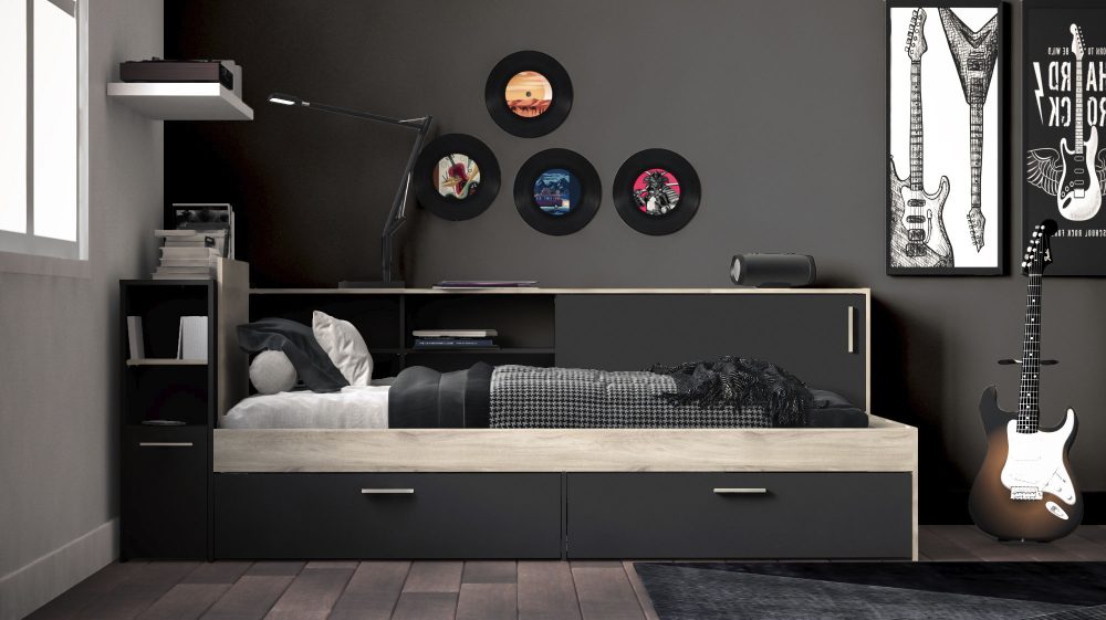 Kombi-Bett mit Stauraum - 90 x 190200 cm - Schwarz & Holzfarben - LIARA Kombi-Bett mit Stauraum - 90 x 190200 cm - Schwarz & Holzfarben - LIARA