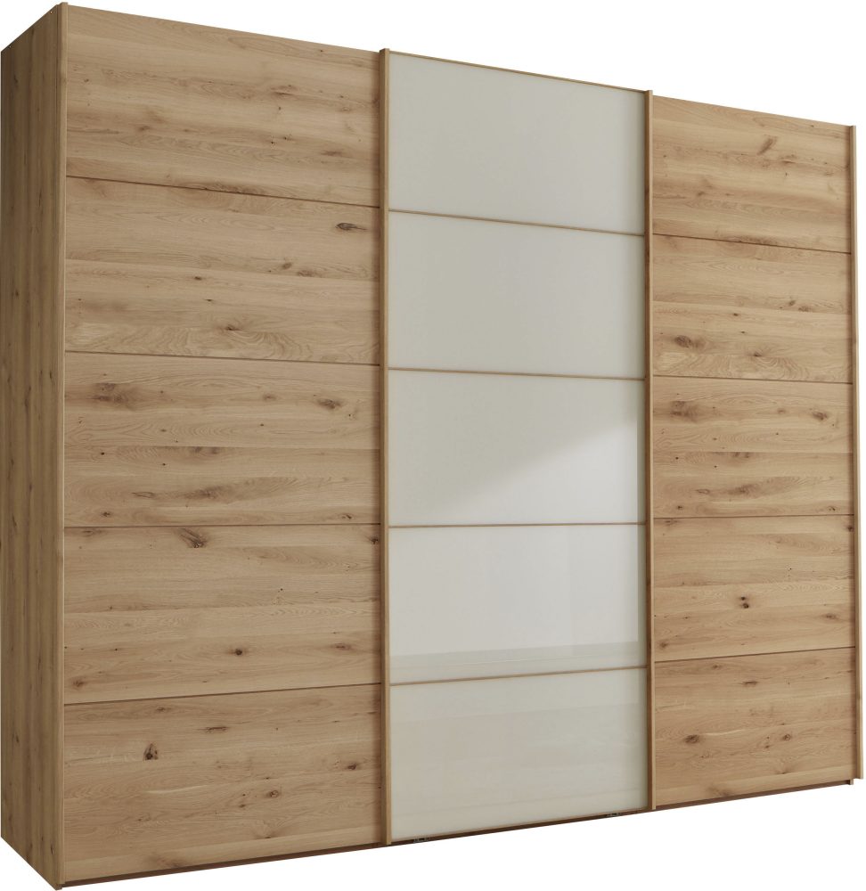 Linea Natura Schwebetürenschrank in champagner, eiche bianco , Cardiff , Holzwerkstoff , teilmassiv , 6 Fächer , 250x217x67 cm , glänzend,Echtholz, Nachbildung , in verschiedenen Holzarten erhältlich, In verschiedenen Grössen erhältlich , 00044