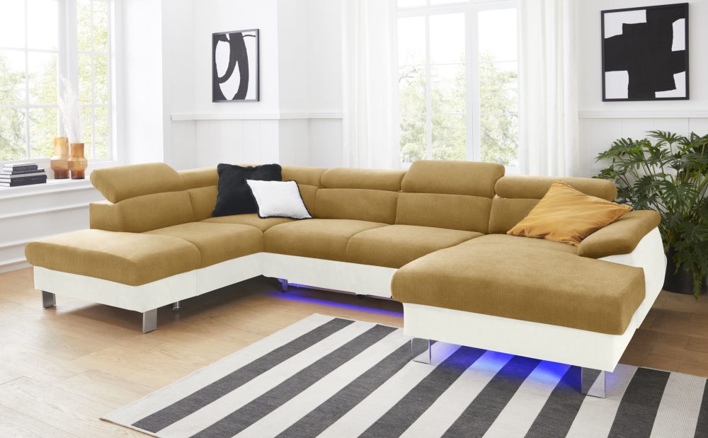 COTTA Wohnlandschaft »Komaris«, inklusive Kopfteilverstellung, wahlweise mit Bettfunktion und RGB-LED-Beleuchtung, moderner chromfarbener Fuss