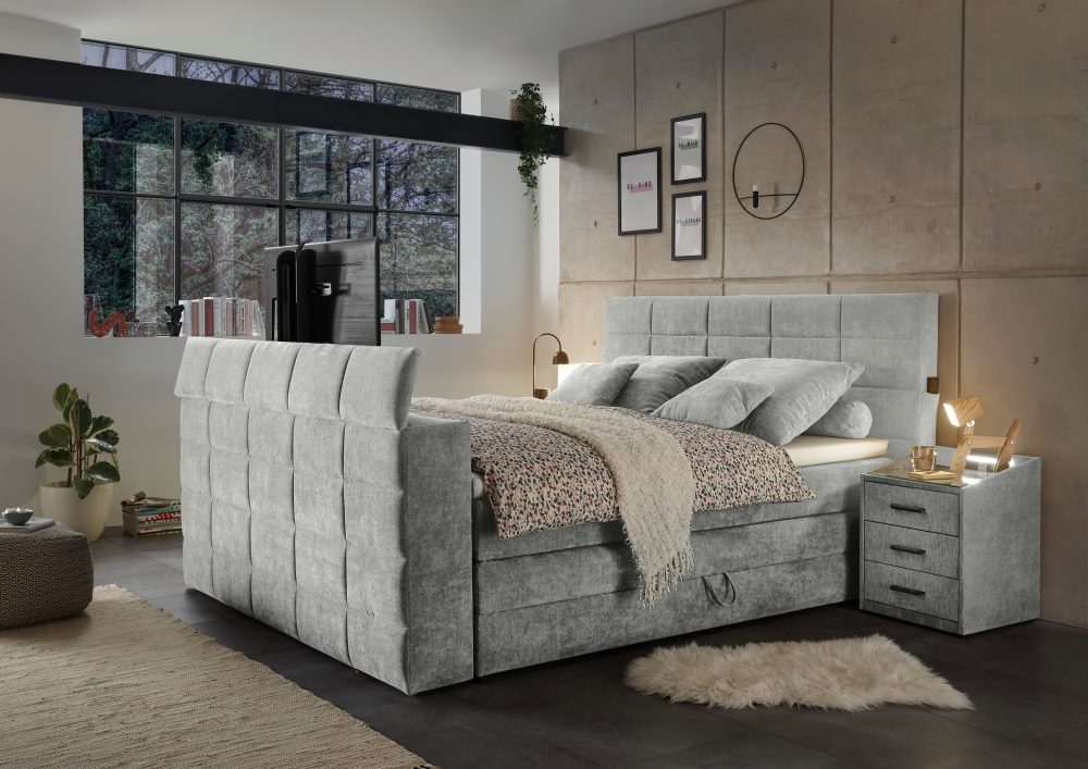 Carryhome Boxspringbett 180/200 cm in schlammfarben , Denver 6 Bk , Textil , unterschiedliche Matratzenhärtegrade je Bettseite, Wendematratze mit unterschiedlichen Härtegraden, H2+H3=mittel bis ca.80kg+fest ab ca.80kg , 180 cm , Doppeltuch,Mikrovel