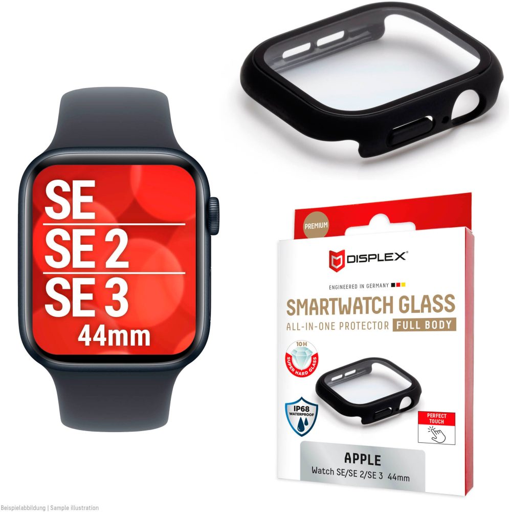 Displex Displayschutzglas »Smartwatch Glass All-In-One Protector Full Body« für Apple Watch SE(2) 44 mm Displayschutzfolie, Schutzfolie, Bildschirmschutz, kratz- & stossfest