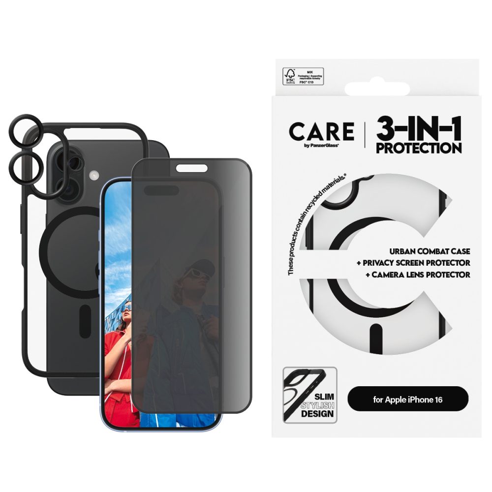 CARE by PanzerGlass Displayschutzglas »3-in-1 Protection, Privacy Glass, Case, Lens Cover« für Apple iPhone 16 Displayschutzfolie, Schutzfolie, Bildschirmschutz, kratz- & stossfest