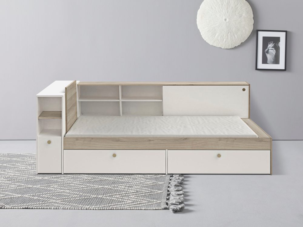 Kombi-bett Mit Stauraum - 90 X 190200 Cm - Weiß & Holzfarben - Liara Unisex Beige 90X190CM