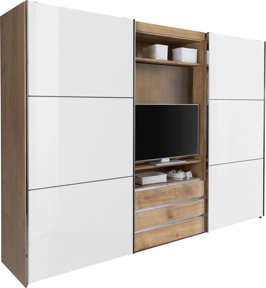 Fresh To Go Schwebetürenschrank mit drehbaren TV-Element, Aussentüren mit Glas