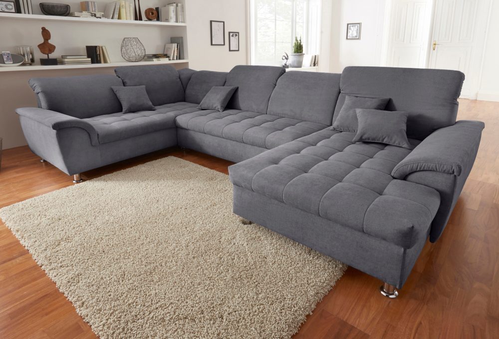 DOMO collection Wohnlandschaft »Franzi optional mit Bettfunktion, Bettkasten & Kopfteilverstellung«, XXL-Sofa, U-Form, belastbar bis 140kg/Sitz, dunkelgrau, Breite: 352cm